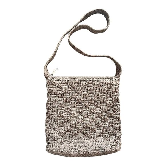 The SAK Handmade Tan/Beige Crochet Knit & Nylon Zip Top Shoulder Bag Handbag - Picture 1 of 9